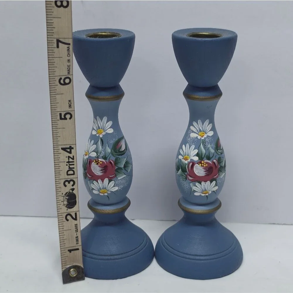 Vintage Swedish Handpainted Blue Floral Wooden Candlestick Holders Set Folk Art